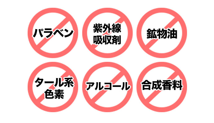 パラベン、紫外線吸収剤、鉱物油、タール系色素、アルコール、合成香料 フリー