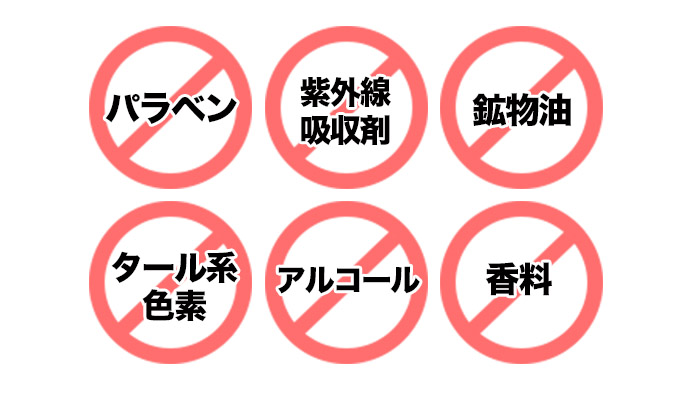 パラベン、紫外線吸収剤、鉱物油、タール系色素、アルコール、合成香料 フリー